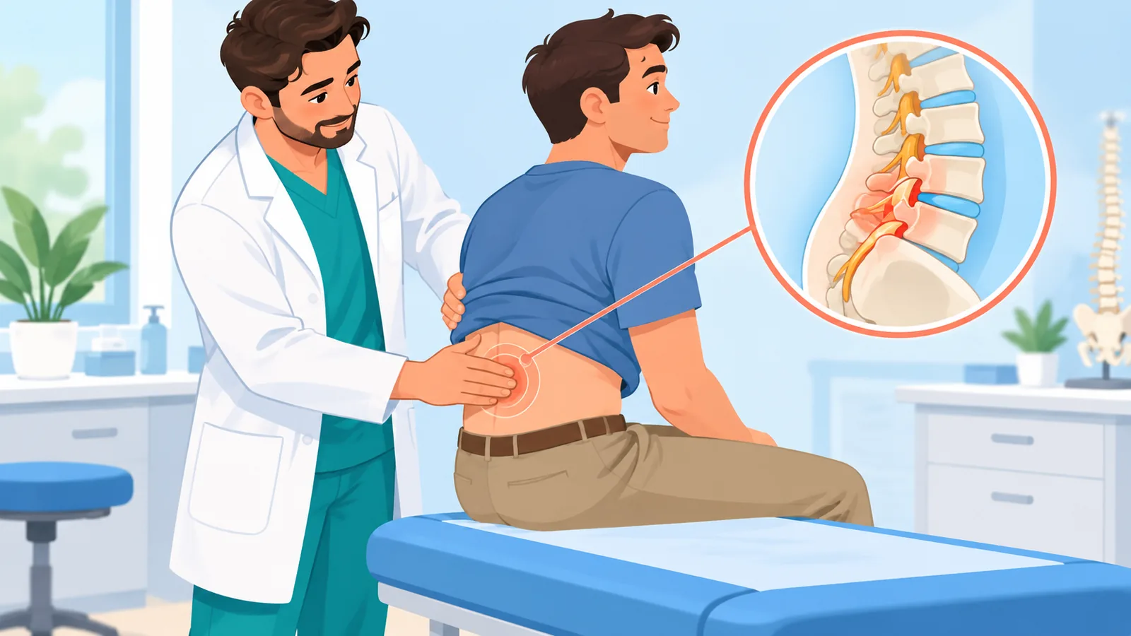 Doktor memeriksa belakang pesakit di klinik