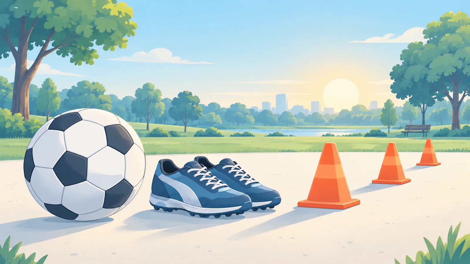 Bola, kasut dan ruang lapang untuk persediaan latihan juggling