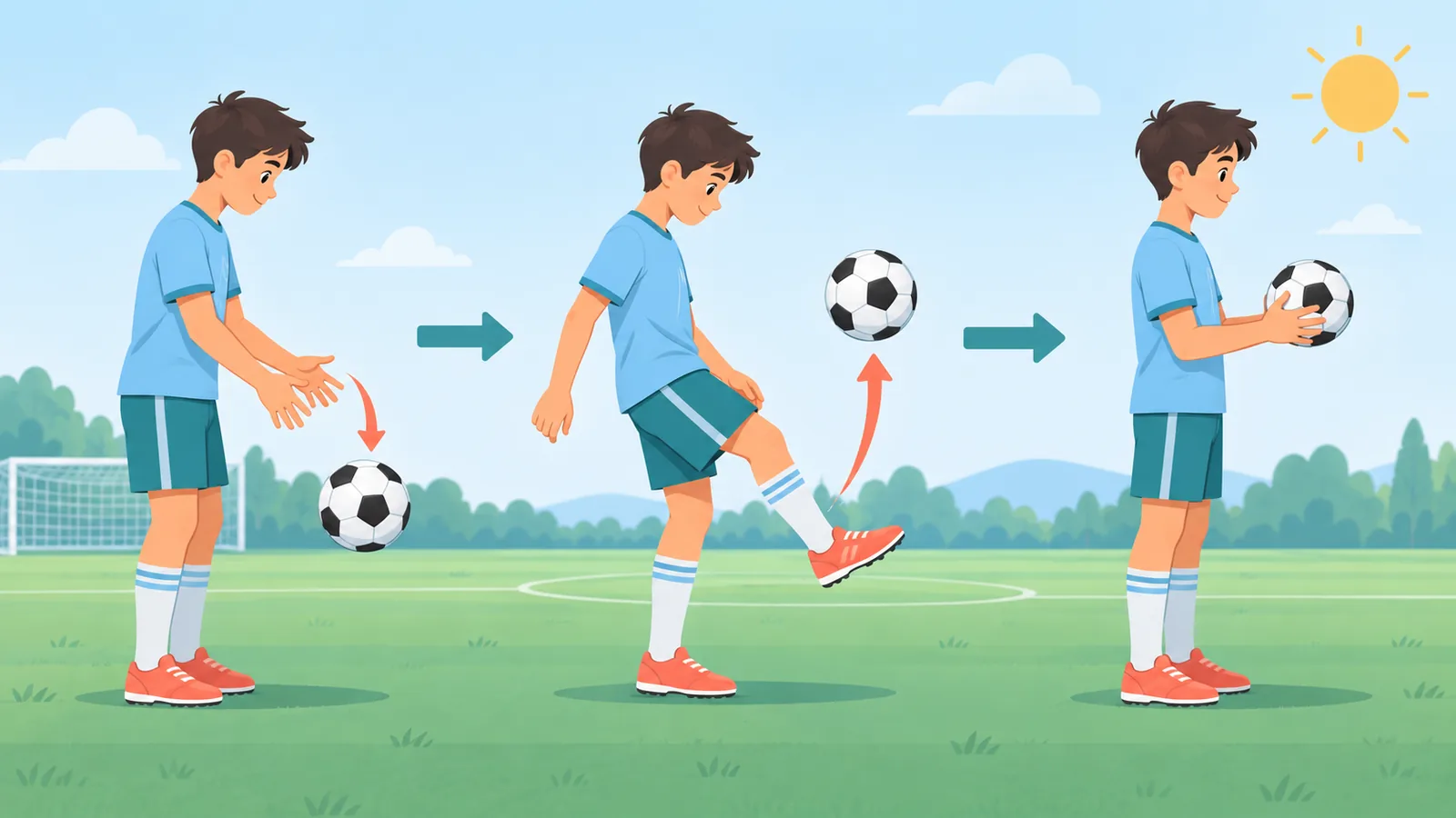 Pemain melepaskan bola, menendang ke atas dan menangkapnya semula