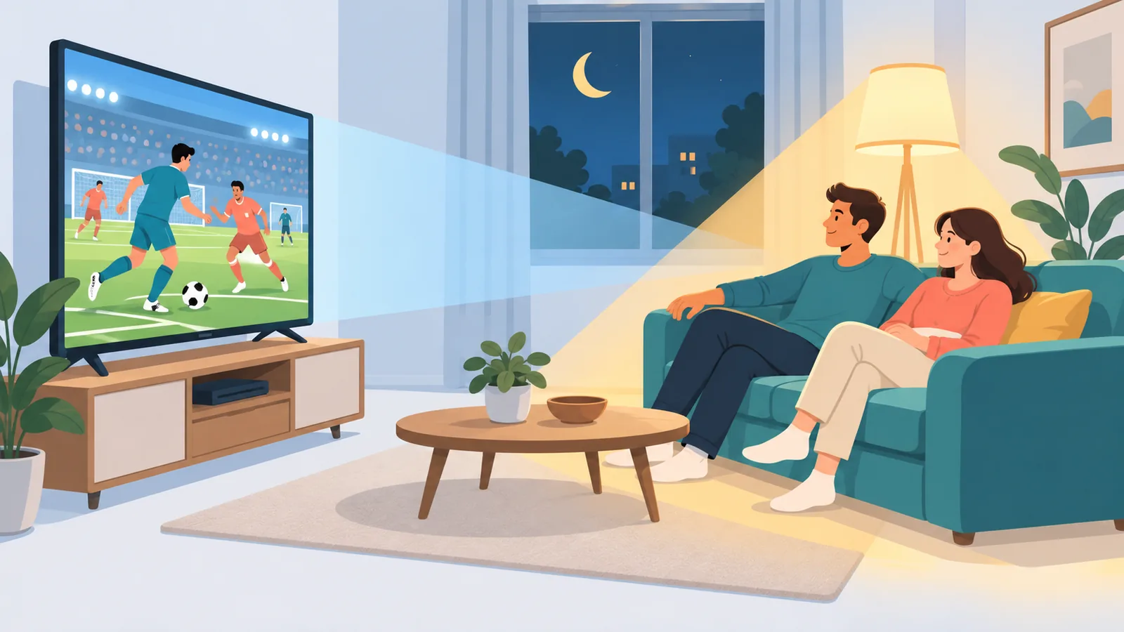 Ruang tamu dengan TV menayangkan filem sukan pada waktu malam