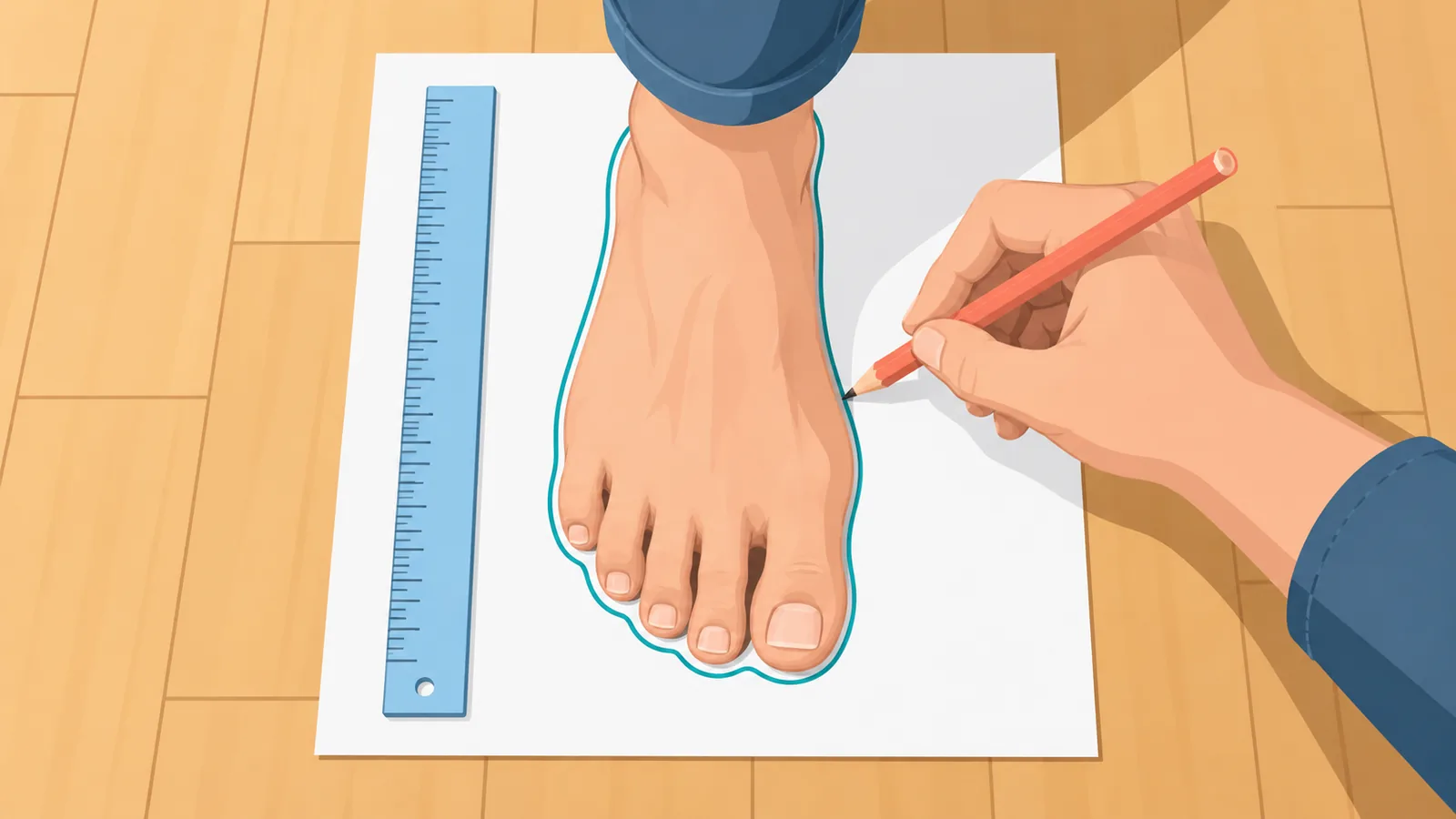 Mengukur panjang dan lebar kaki di atas sehelai kertas