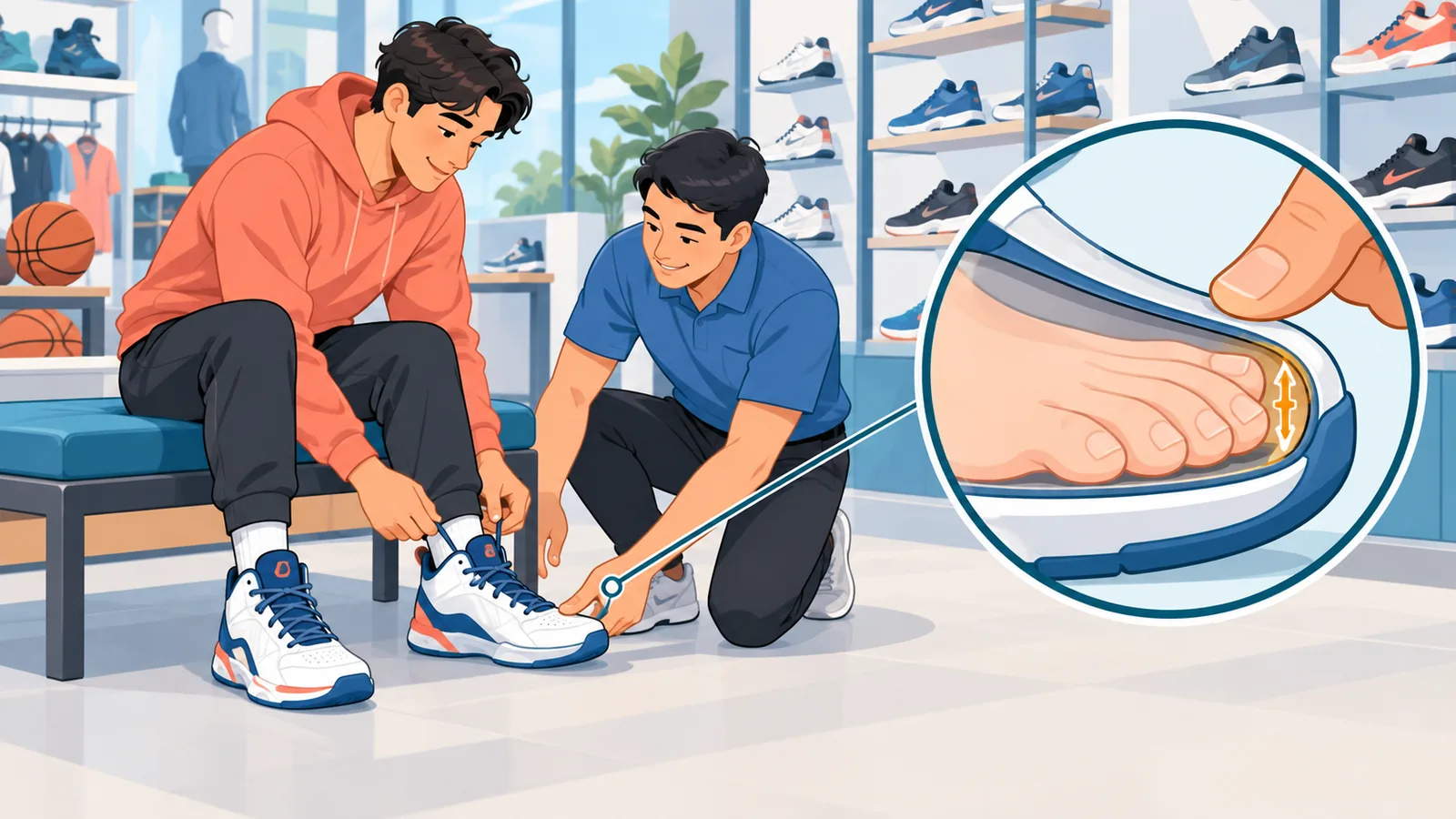 Mencuba kasut dan memeriksa ruang jari di kedai sukan
