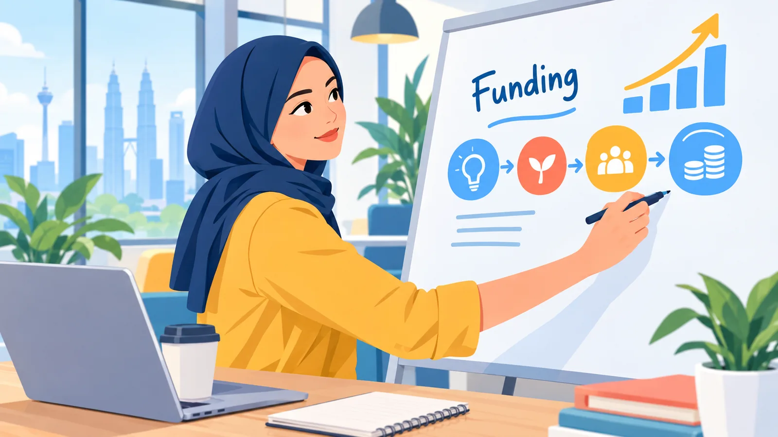 Pengasas startup melakar pelan pendanaan di papan putih