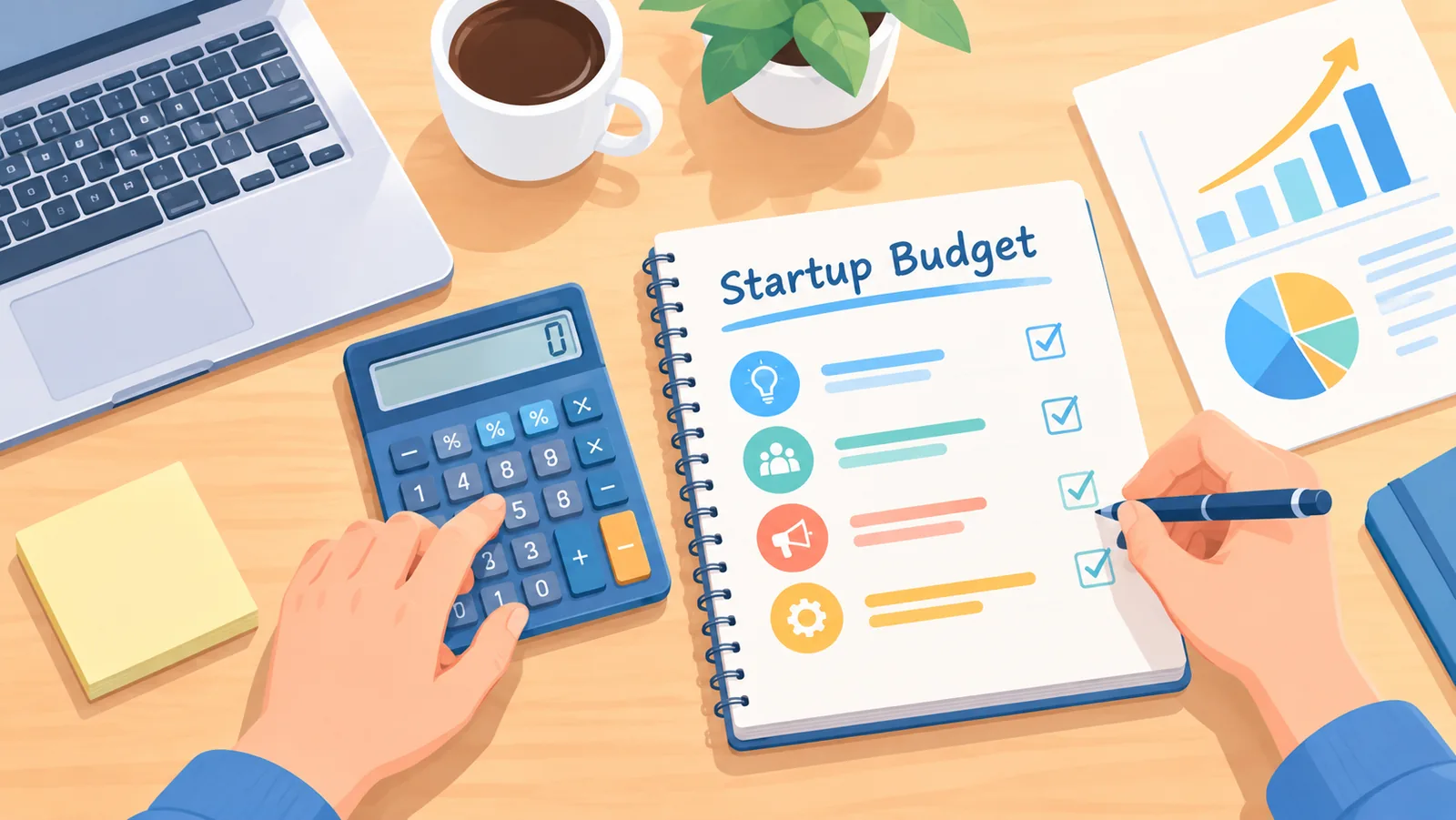 Tangan mengira bajet startup dengan kalkulator dan buku nota