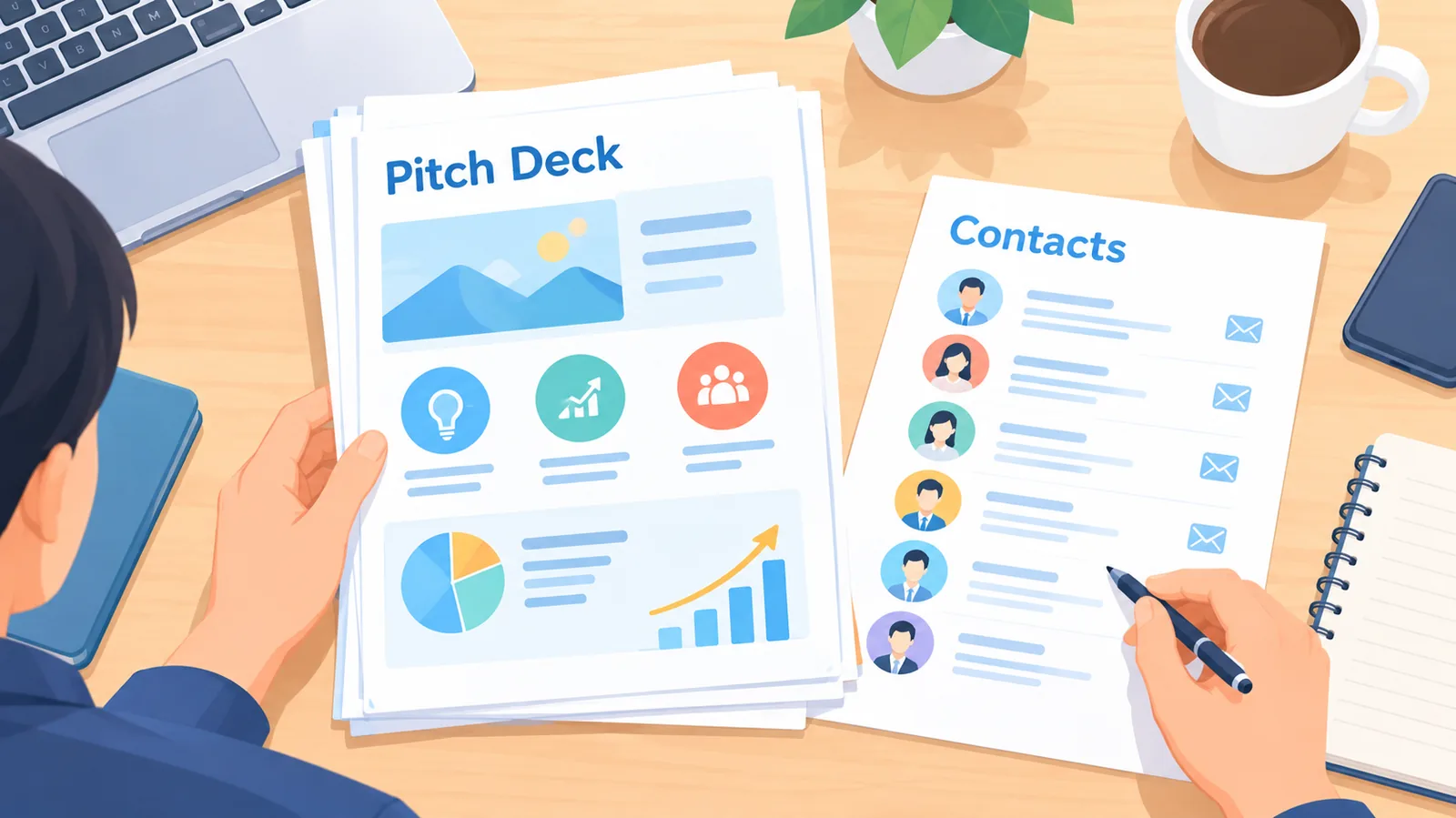 Pengasas menyemak dek pitching bercetak dan senarai pelabur