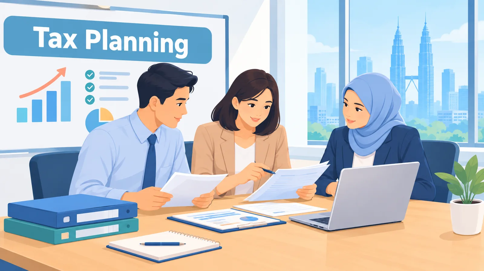 Pelbagai jenis profesional cukai berbincang di pejabat