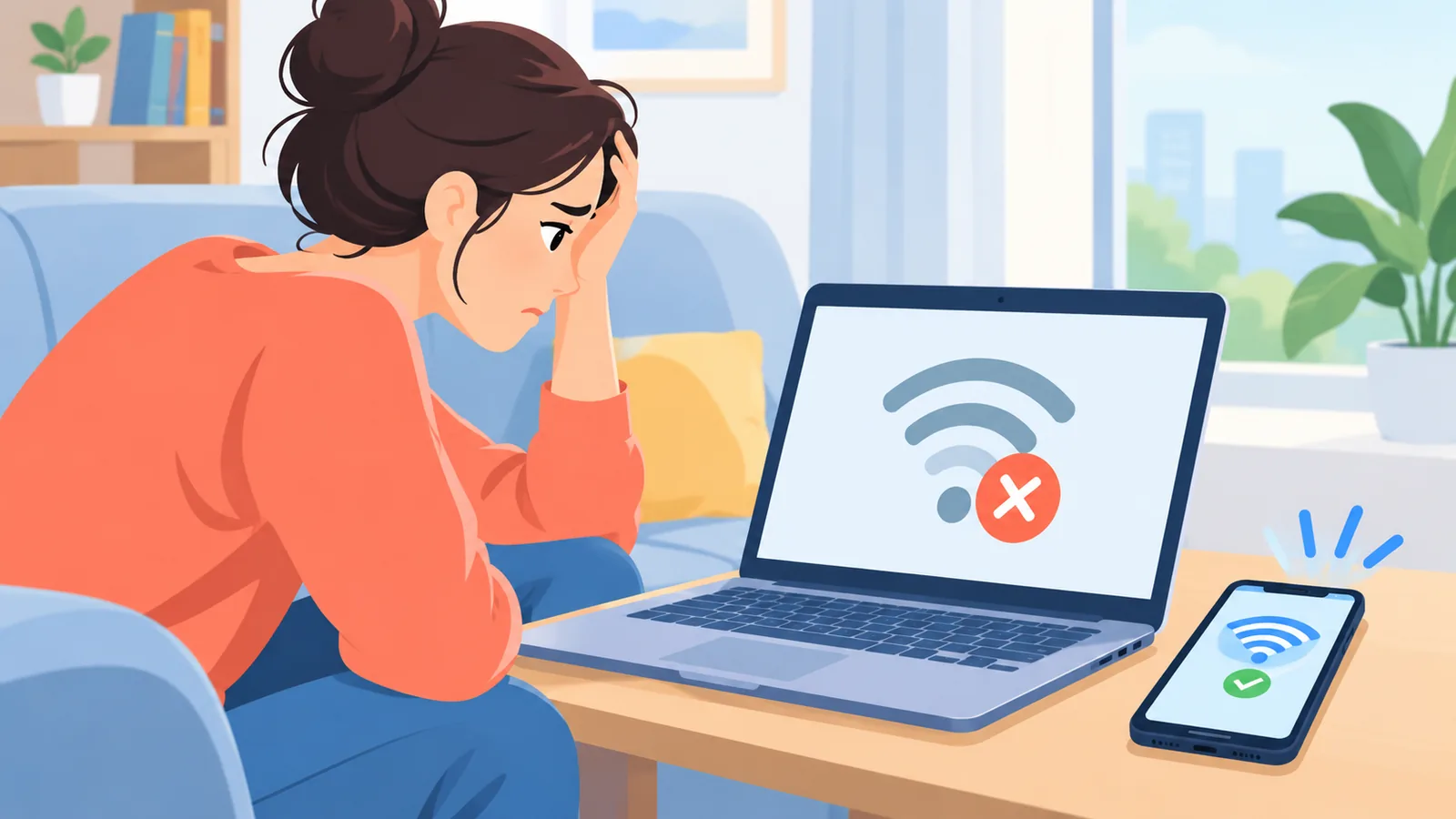 Pengguna melihat komputer riba tanpa internet manakala telefon bersambung Wi-Fi