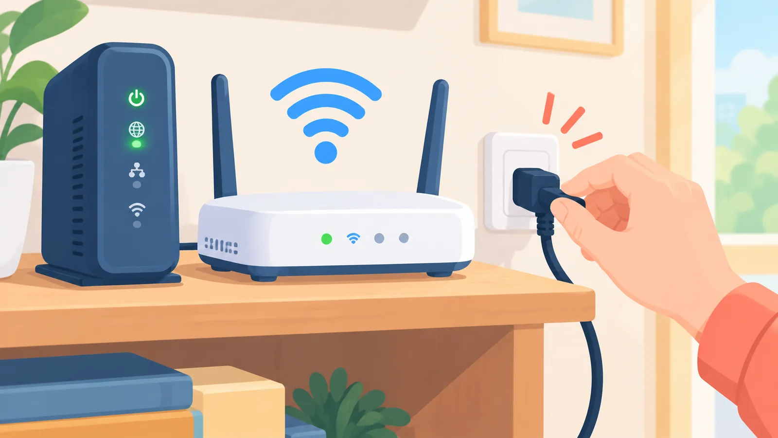 Modem dan router di rumah dengan lampu status menyala