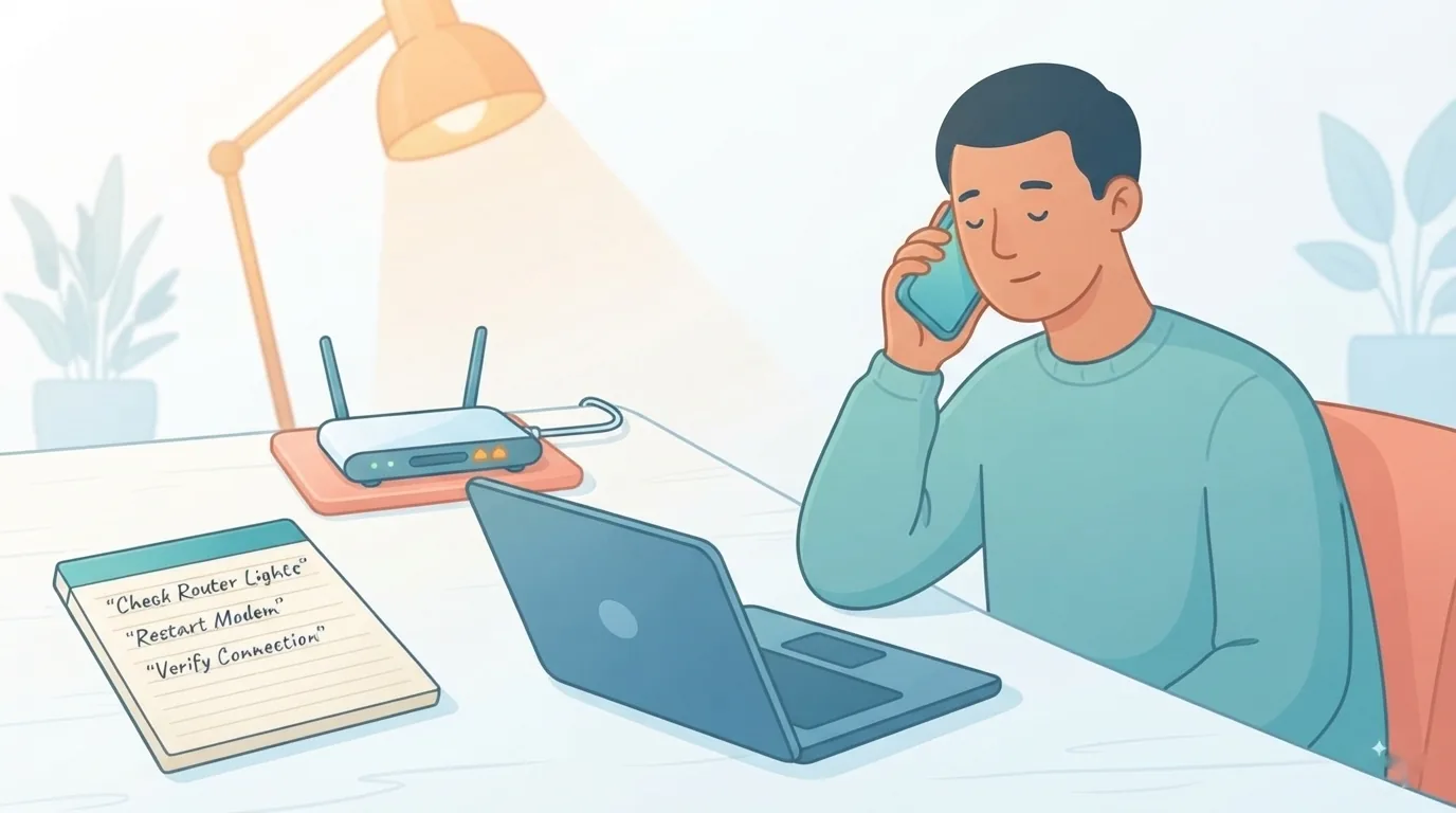 Pengguna menelefon ISP dengan senarai semak di sisi komputer riba dan router
