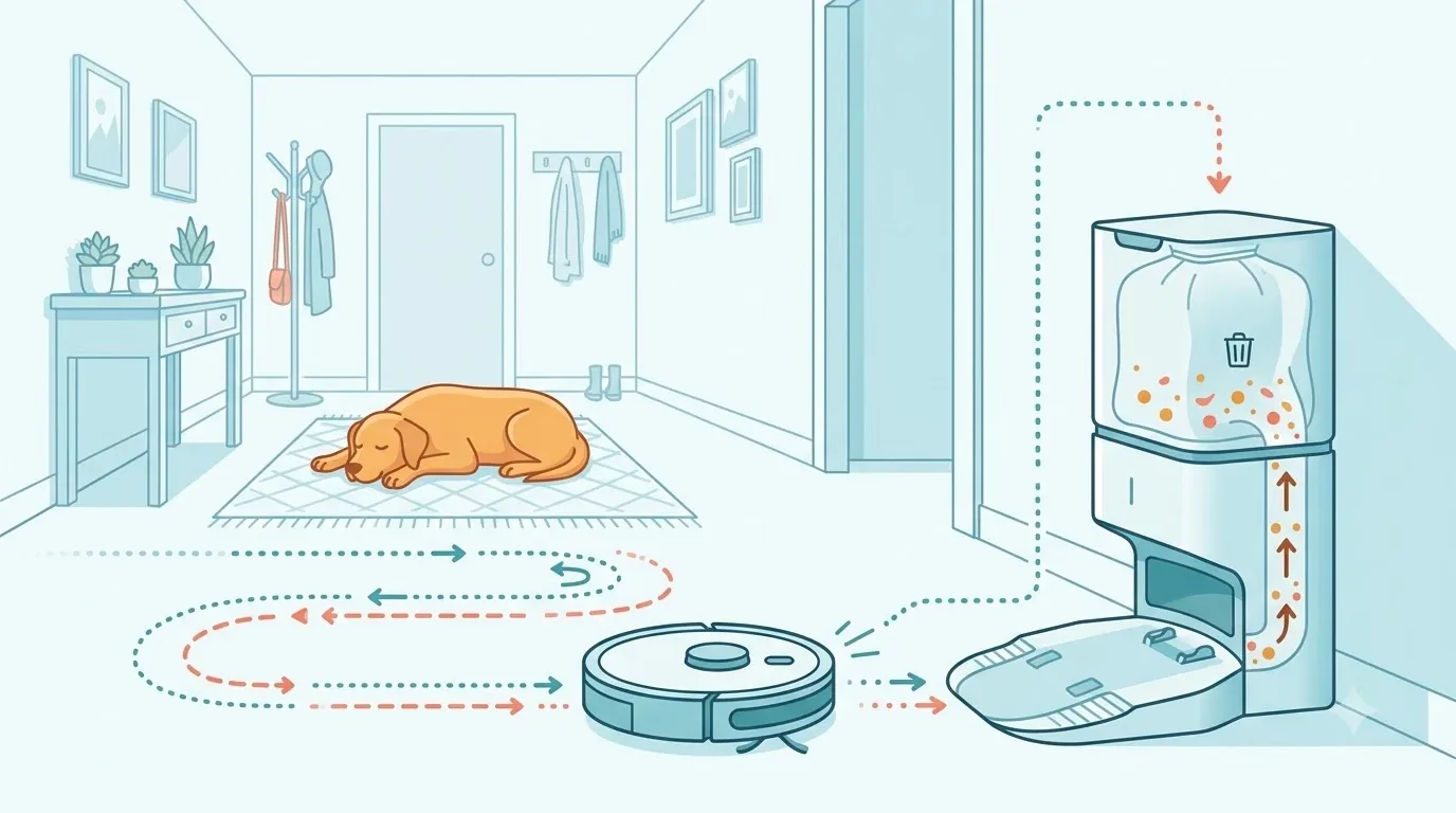 Robot vakum membersihkan lantai kayu di ruang tamu dengan seekor anjing berehat di sofa