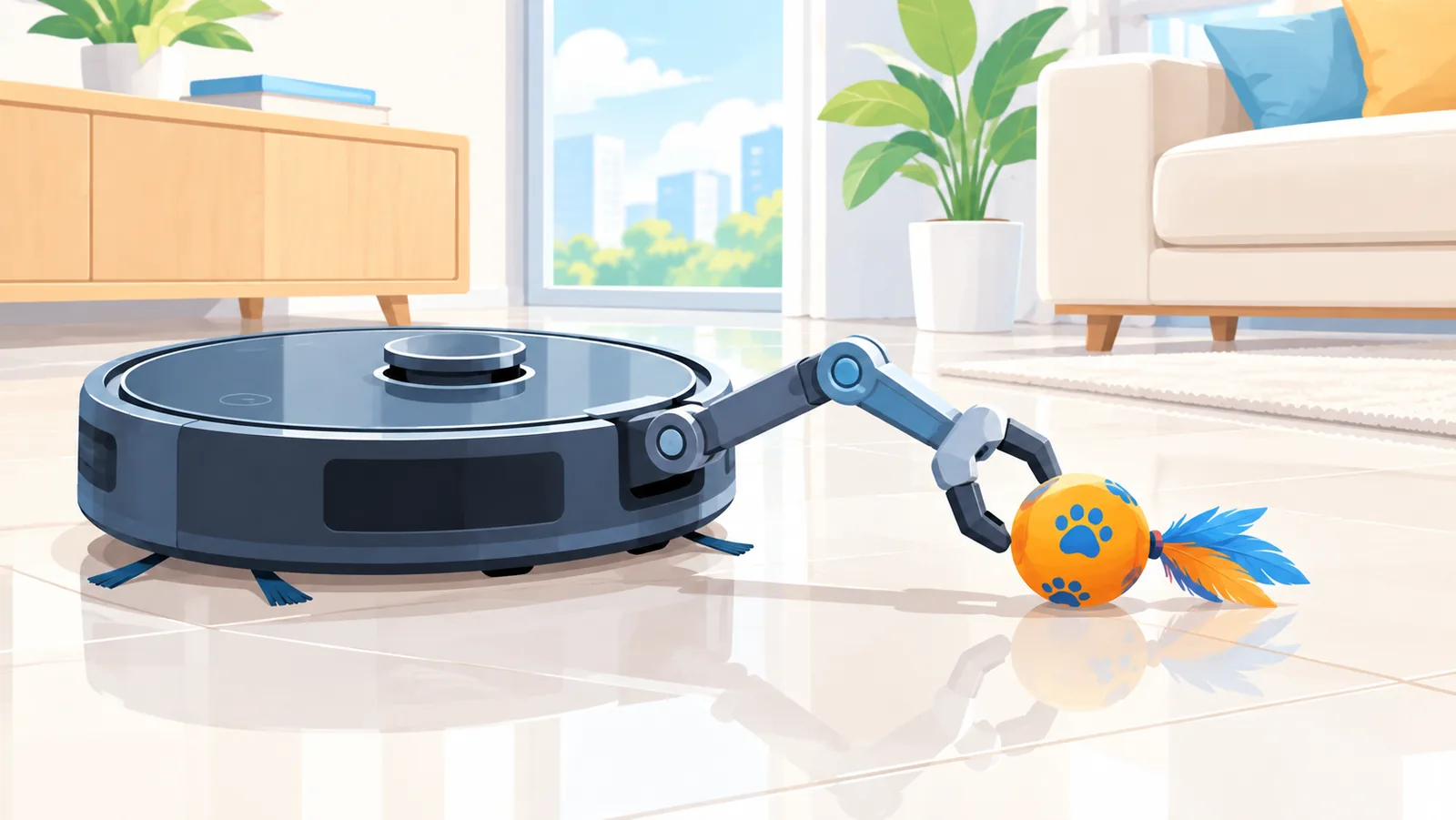 Robot vakum dengan lengan mekanikal menghampiri mainan haiwan di lantai jubin