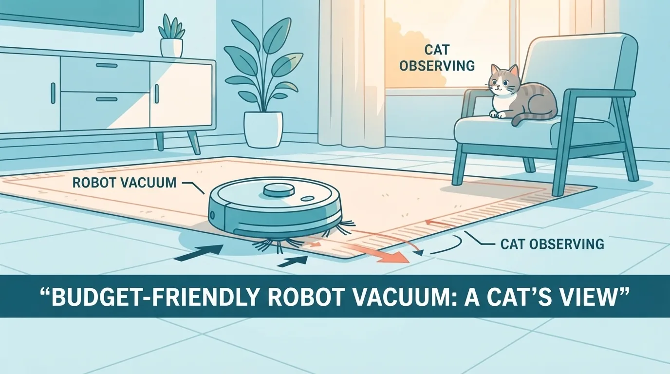 Robot vakum bajet membersihkan tepi permaidani sambil seekor kucing memerhati