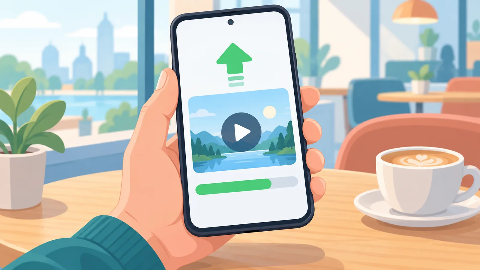 Telefon bimbit memuat naik video dengan bar kemajuan