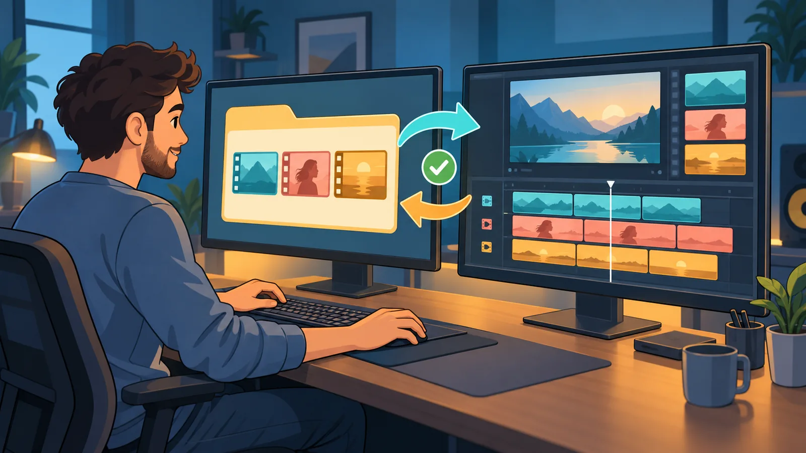 Penyunting video dengan garis masa dan folder disegerak pada monitor