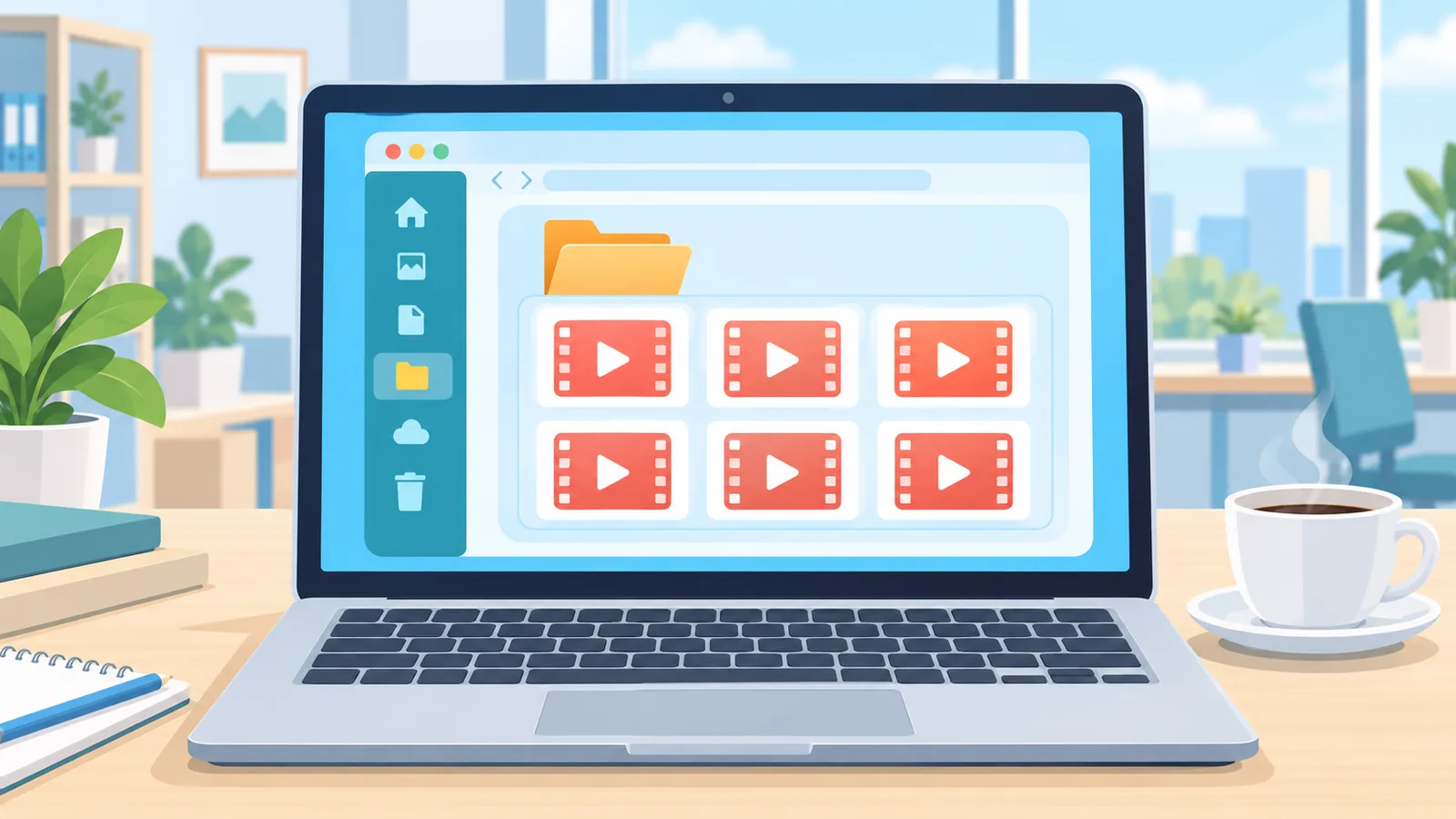 Komputer riba Windows dengan folder dan fail video