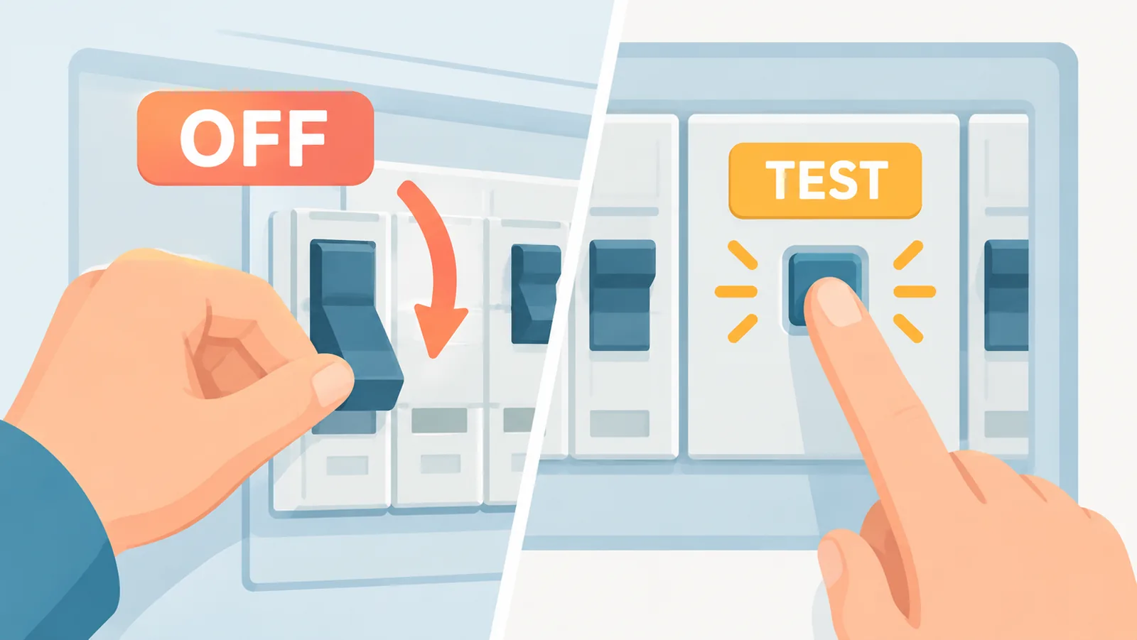 Perbezaan mematikan pemutus dan menekan butang TEST