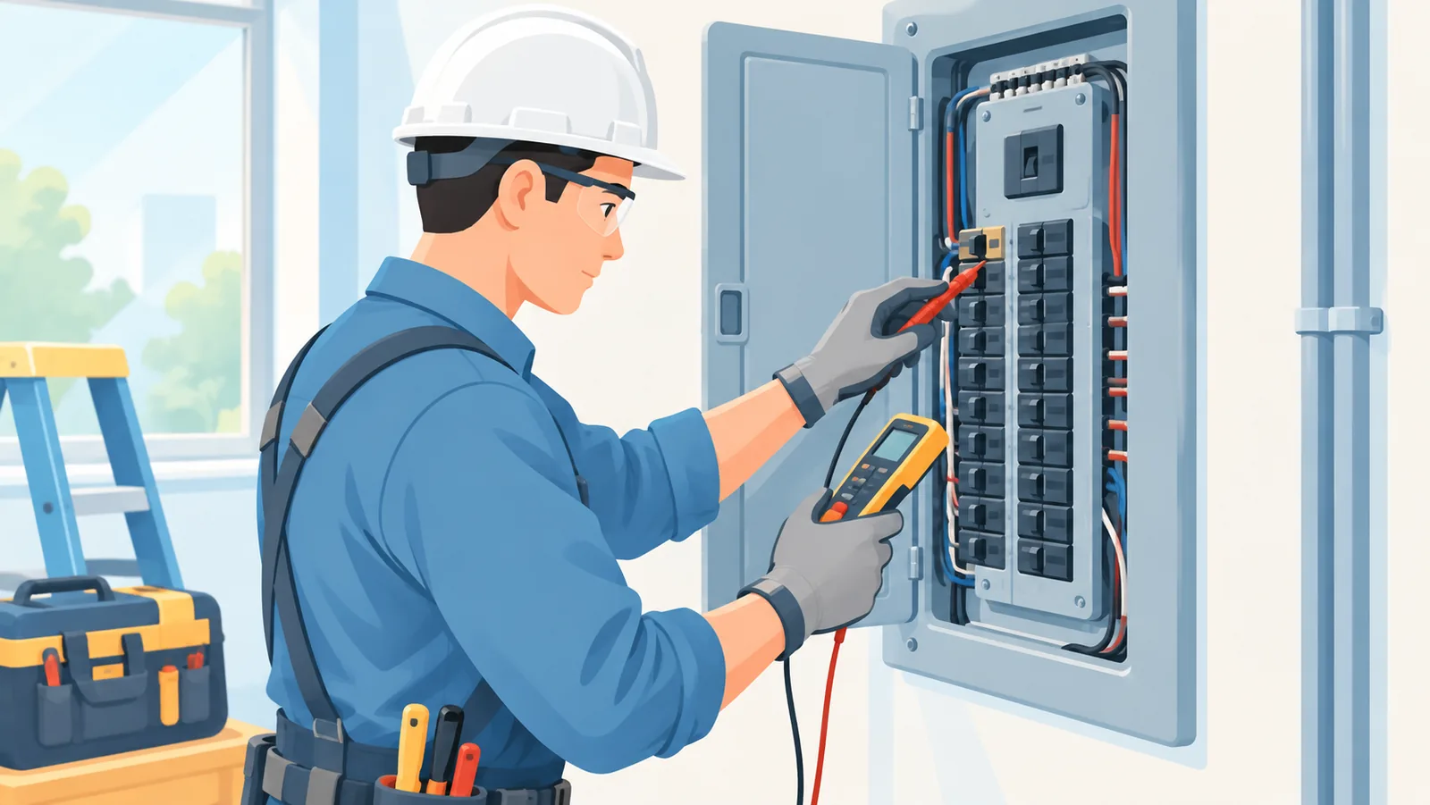 Juruelektrik bertauliah memeriksa panel elektrik
