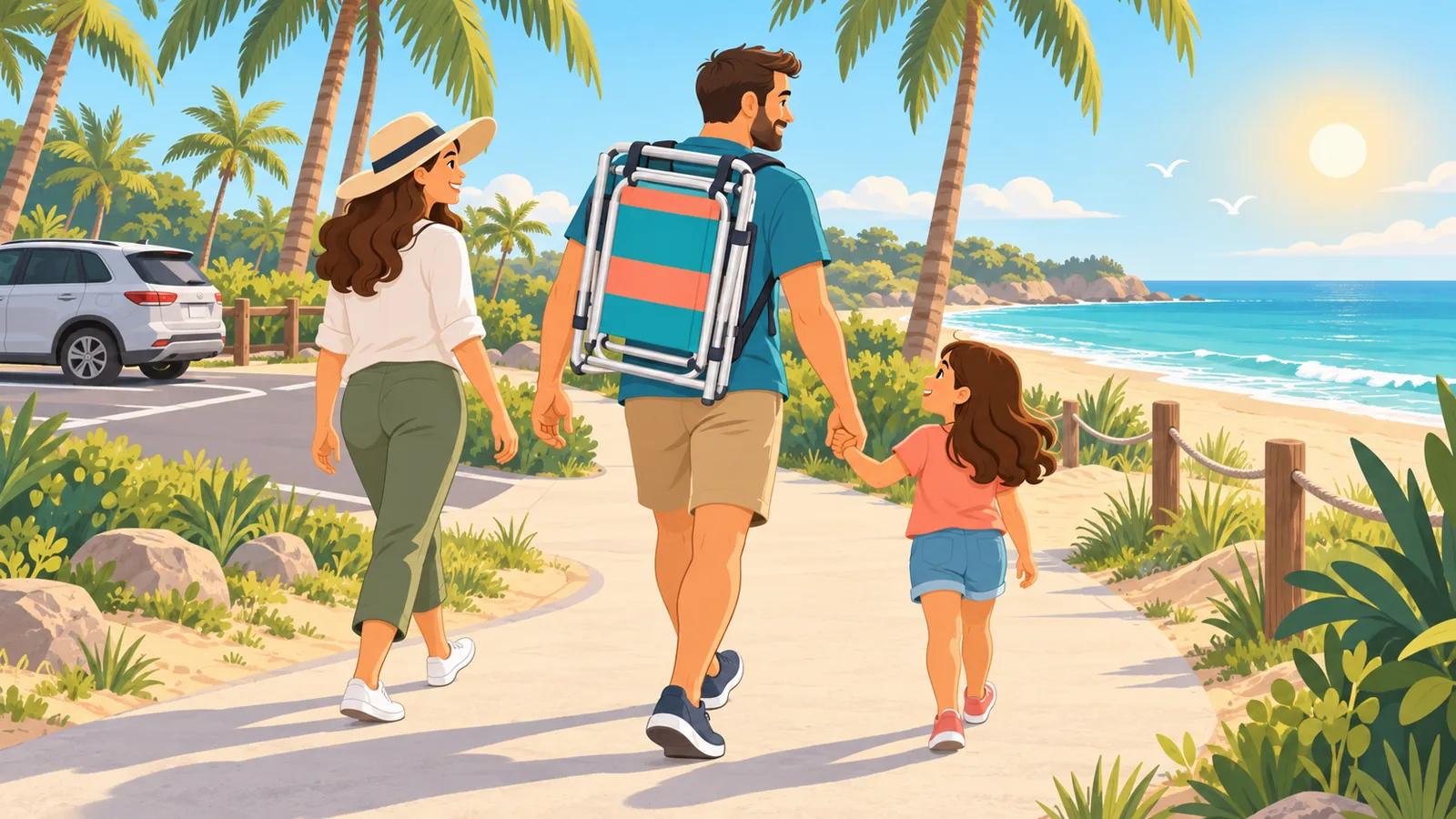 Keluarga berjalan ke pantai dengan kerusi pantai beg galas