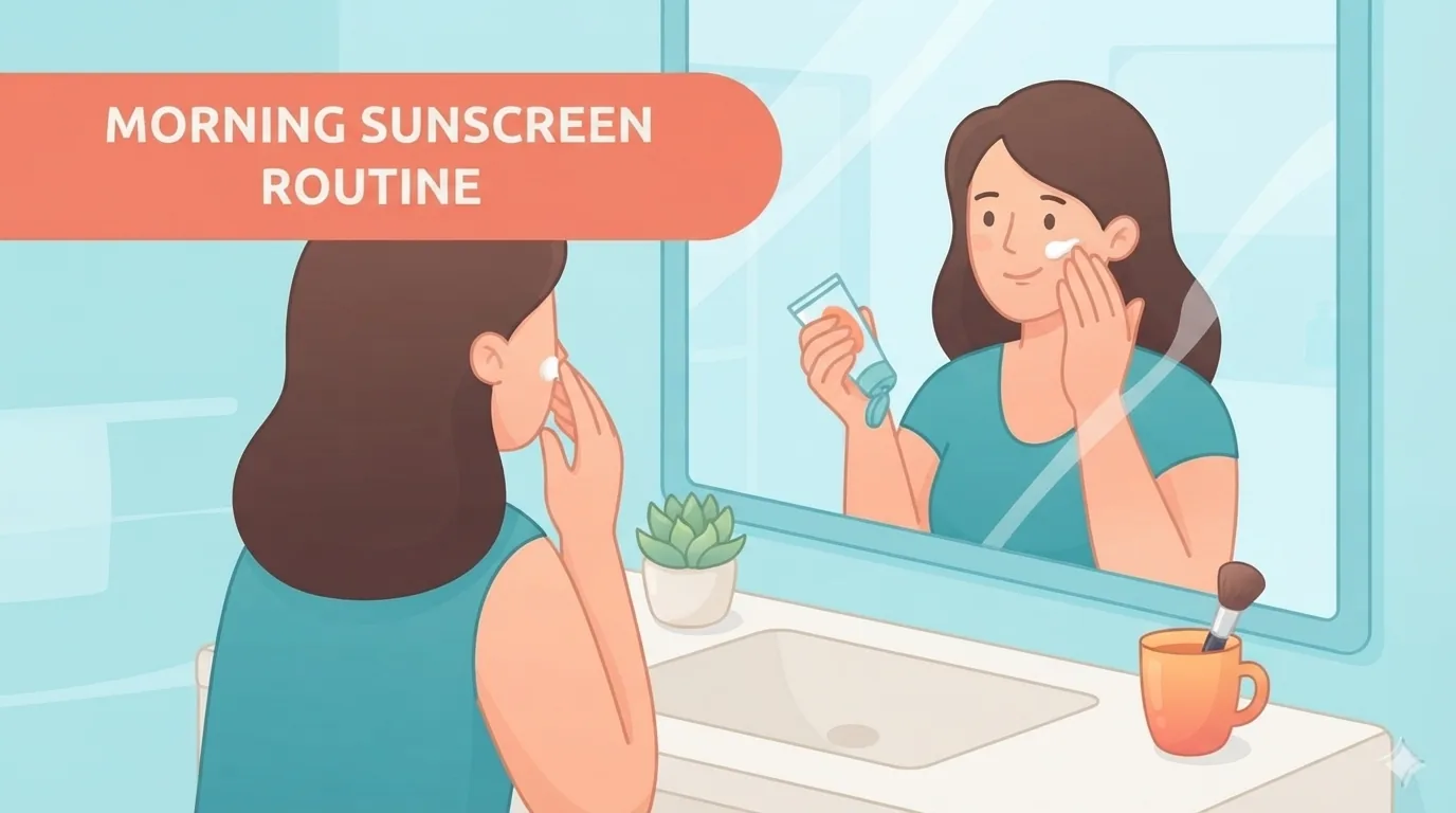 Vrouw smeert zonnebrand op haar gezicht voor de spiegel