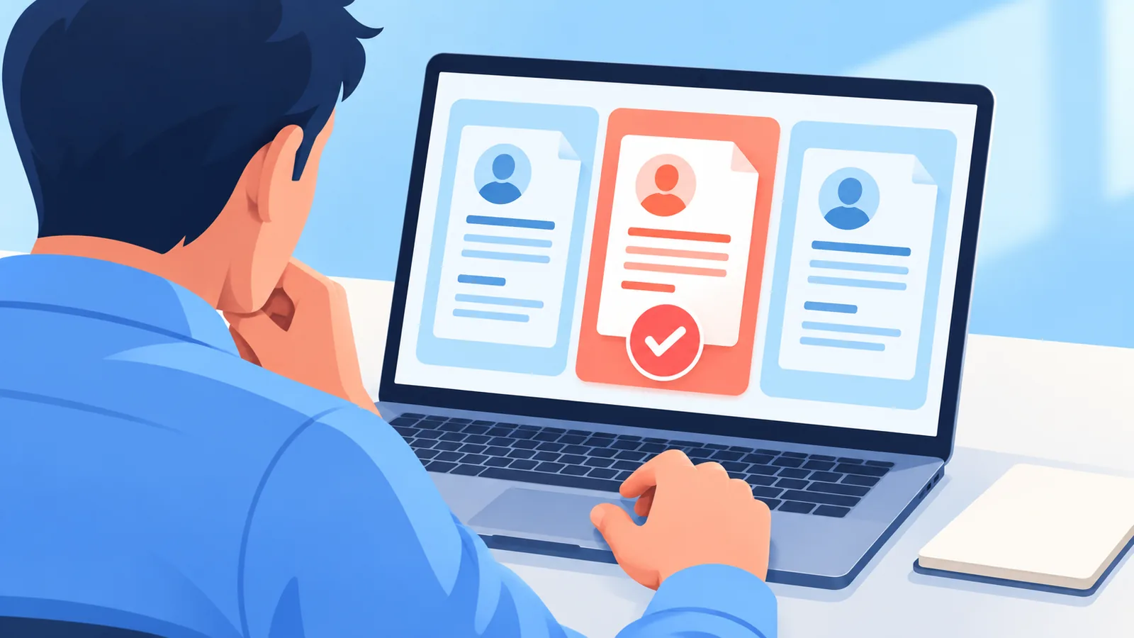 Persoon vergelijkt drie cv-diensten op een laptop