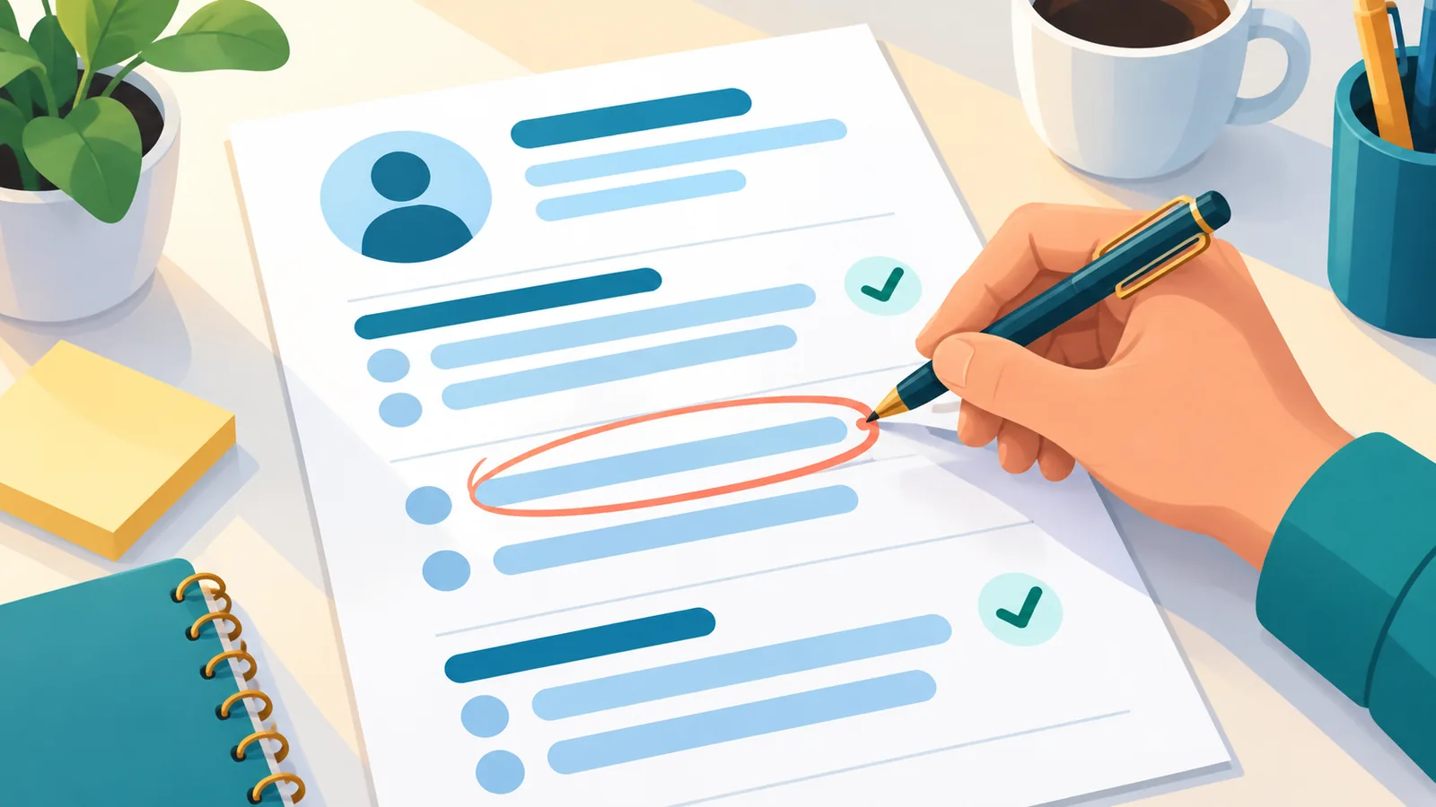 Afgedrukt cv wordt nagelezen met een pen