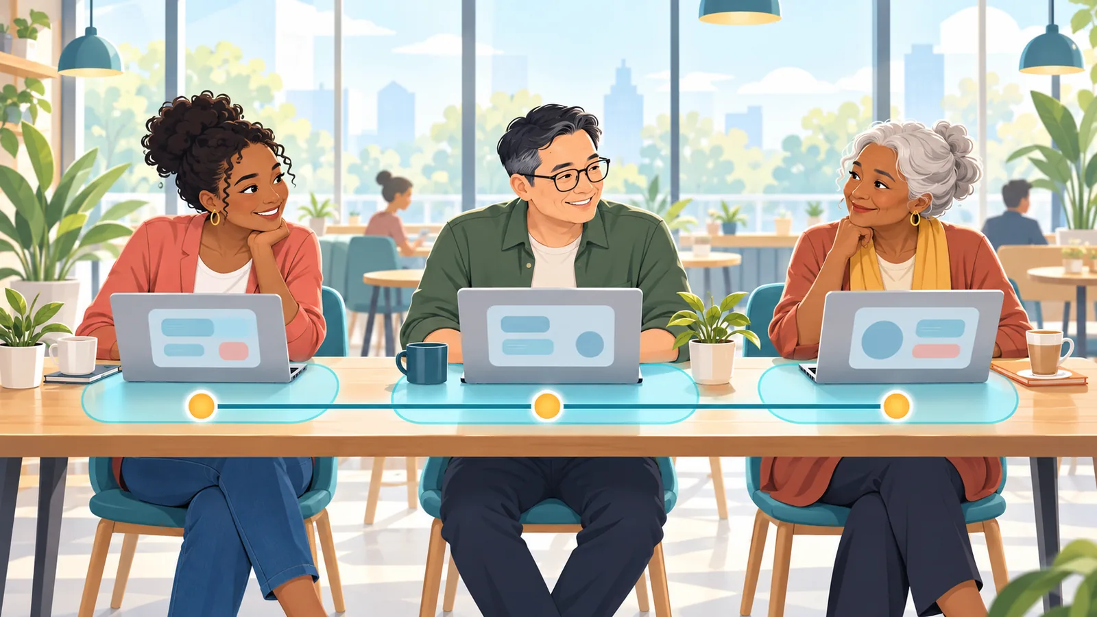 Drie werkzoekenden met laptops in een café