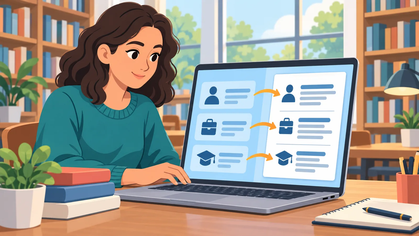 Persoon volgt een gratis cv-gids in een bibliotheek
