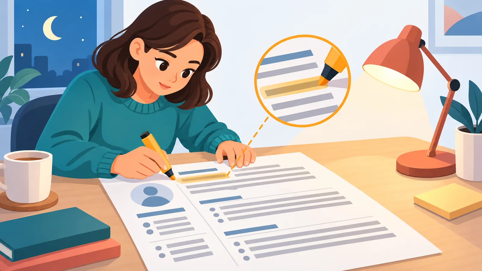 Persoon controleert een cv met een markeerstift