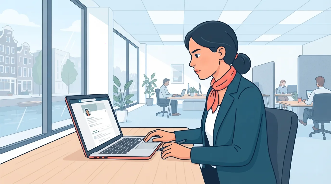 Recruiter in een modern kantoor kijkt naar een professioneel netwerkplatform op een laptop