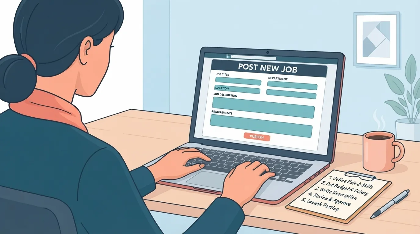 Werkgever vult een vacatureformulier in met een stappenlijst naast het toetsenbord