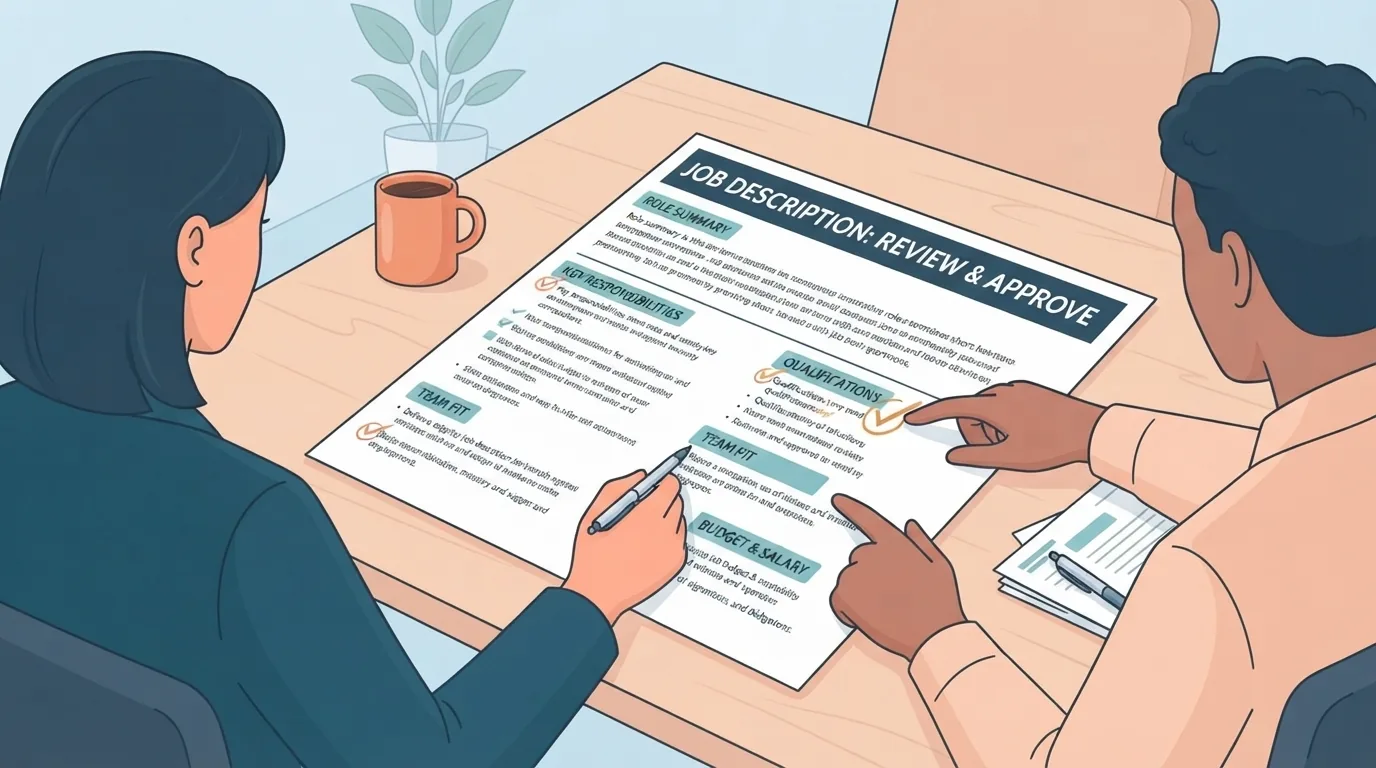 Twee collega’s bespreken een geprinte vacaturetekst aan een vergadertafel