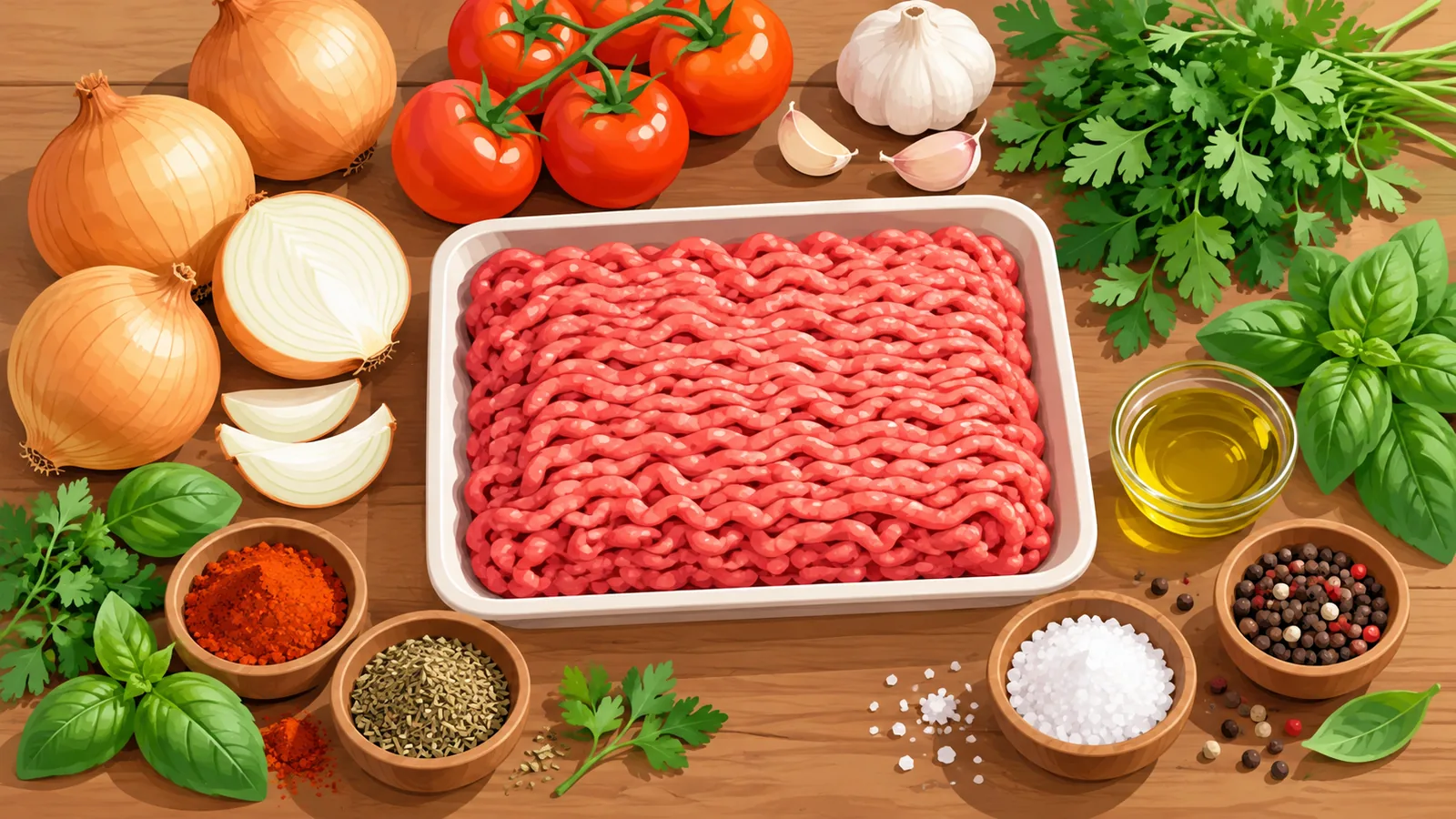 Zelfgemaakte burgers en gehaktballen op een houten plank
