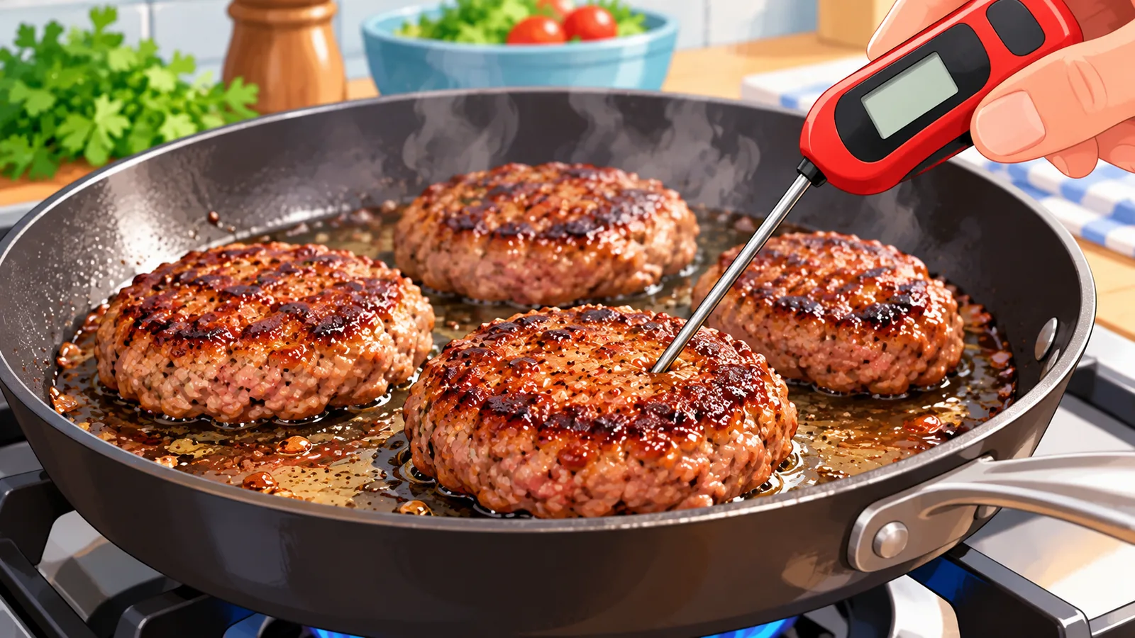 Hand met een keukenthermometer boven een pan chili
