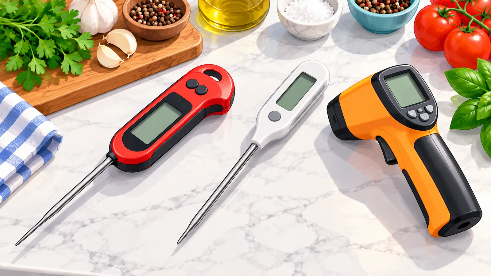 Keukenblad met notitieblok, thermometer en een gehaktgerecht