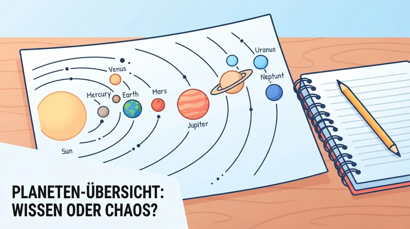 Getekend schema van de acht planeten op een houten bureau naast een notitieboekje