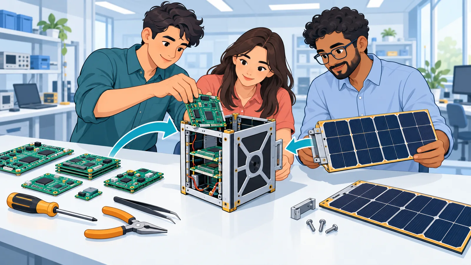 Studenten bouwen een satellietmodel in een laboratorium