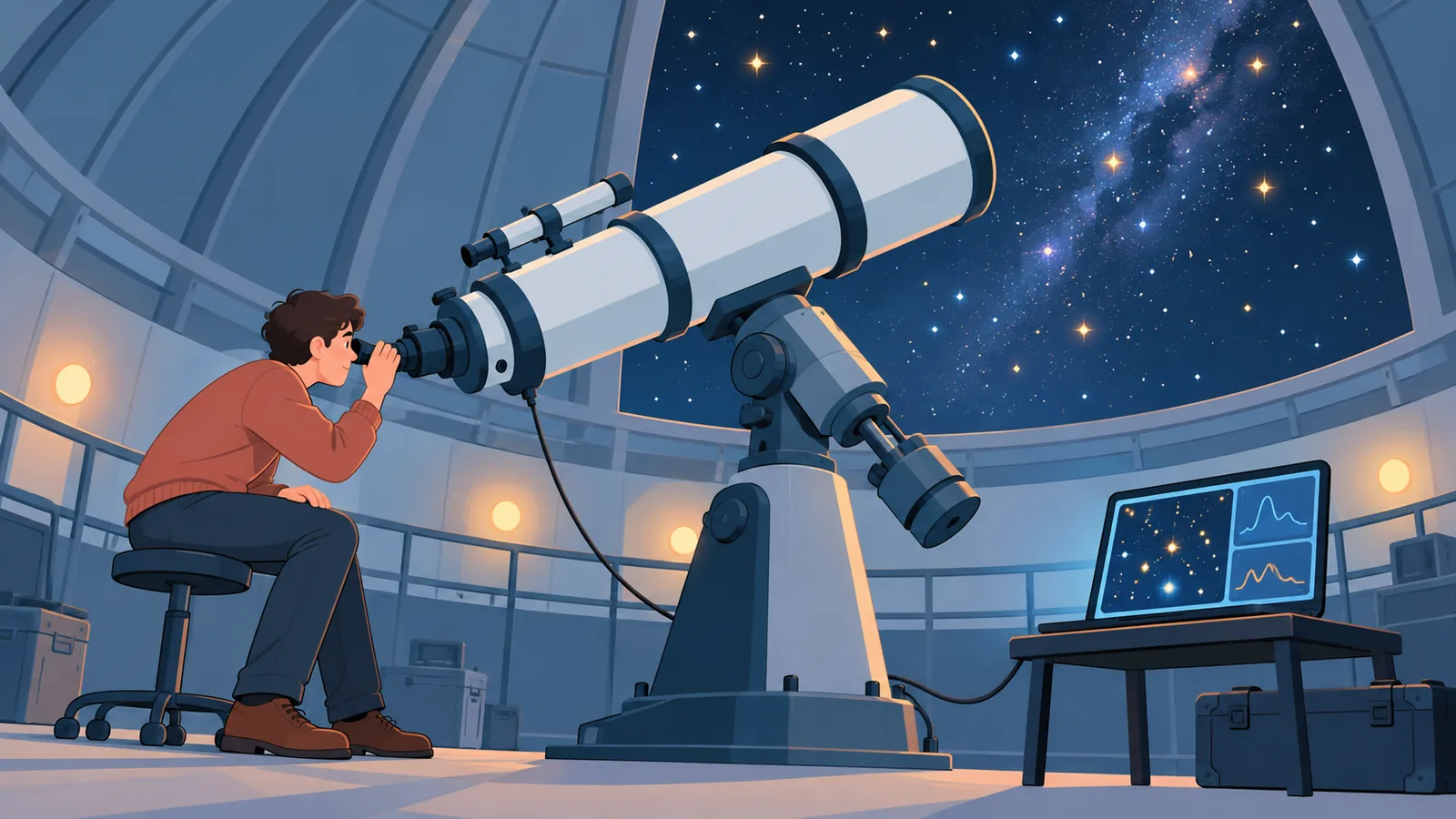 Natuurkundestudent bij een telescoop in een observatorium