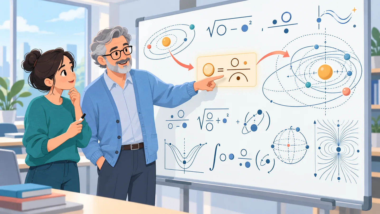 Masterstudent en begeleider bij een bord vol formules