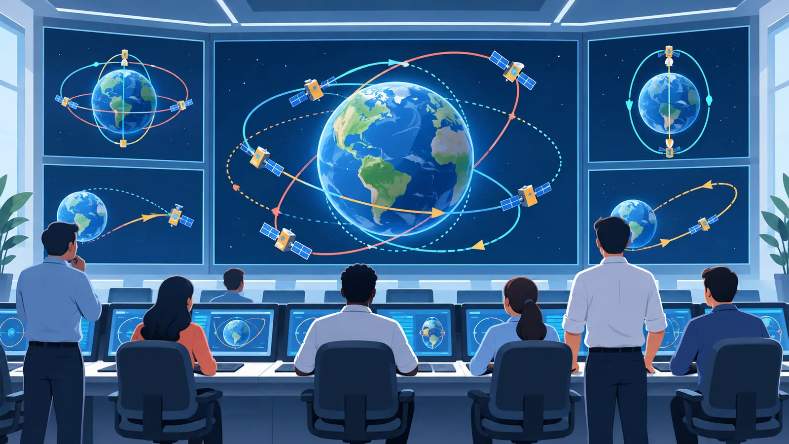 Ingenieurs in een controlekamer met banen van satellieten
