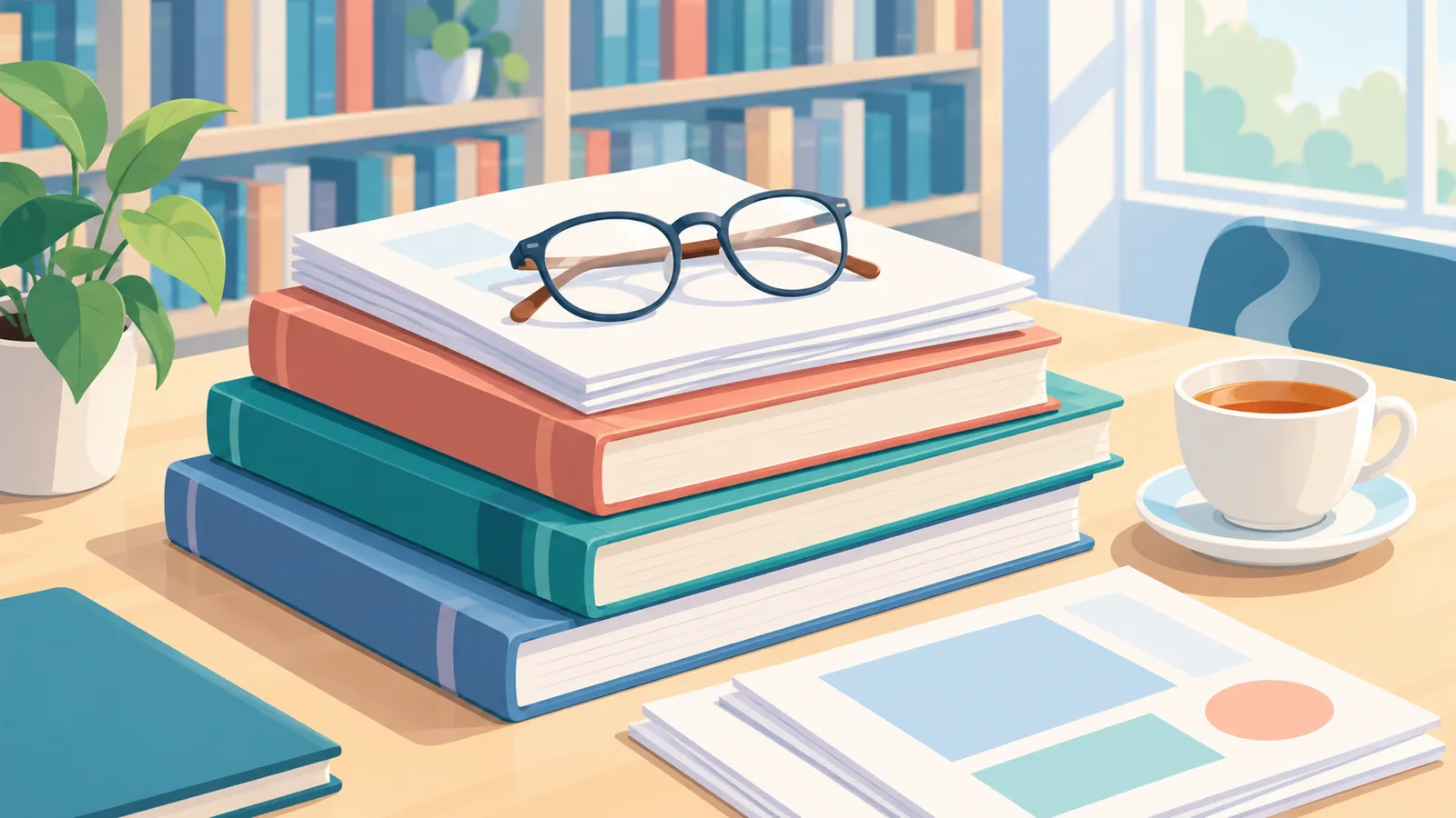 Stapel naslagwerken en documenten op een bibliotheektafel