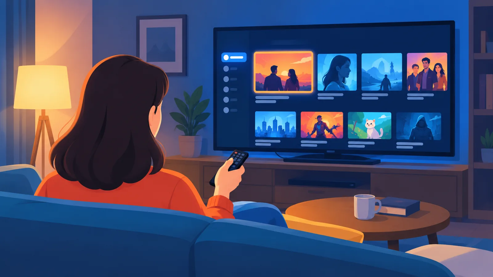 Een kijker op de bank kiest een dramaserie op de televisie