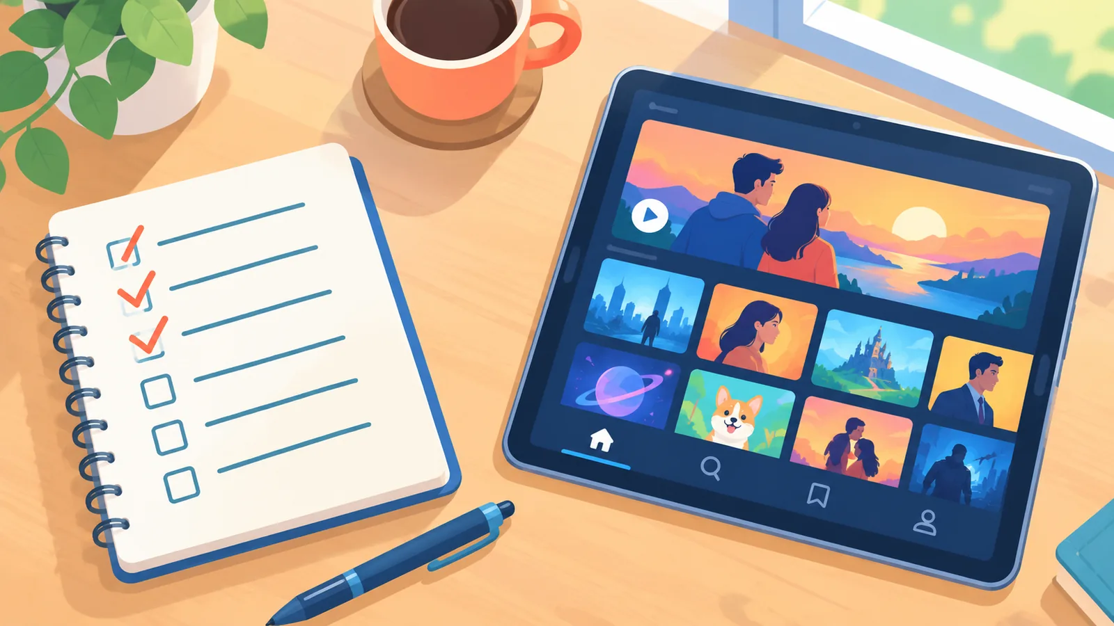 Een notitieblok met vergelijkingspunten naast een tablet met streamingopties