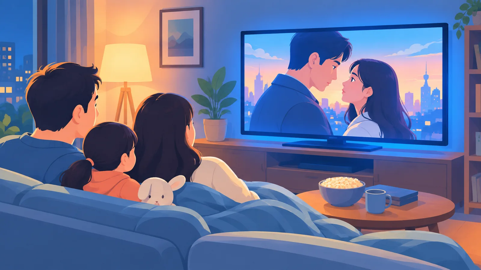 Een gezin kijkt samen een serie op een grote televisie