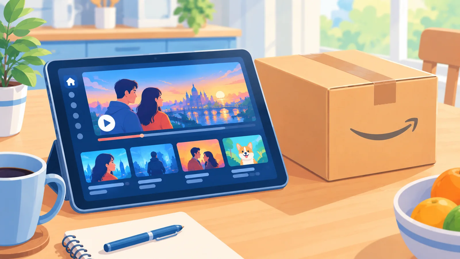 Een tablet met een serie naast een bezorgdoos als symbool voor het Prime-pakket