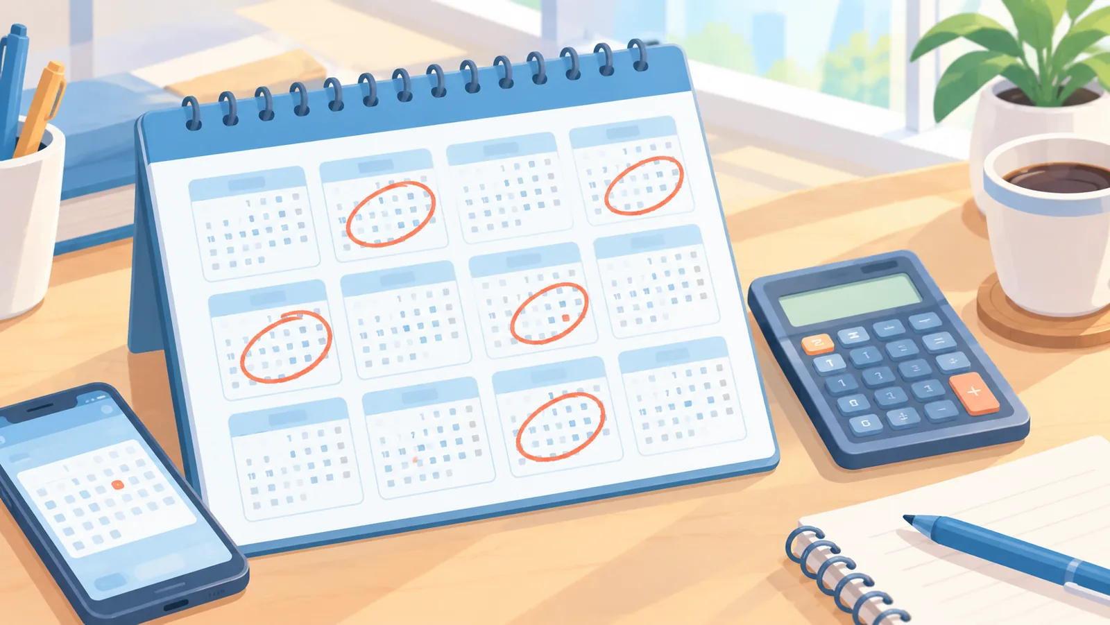 Een kalender met omcirkelde maanden naast een rekenmachine