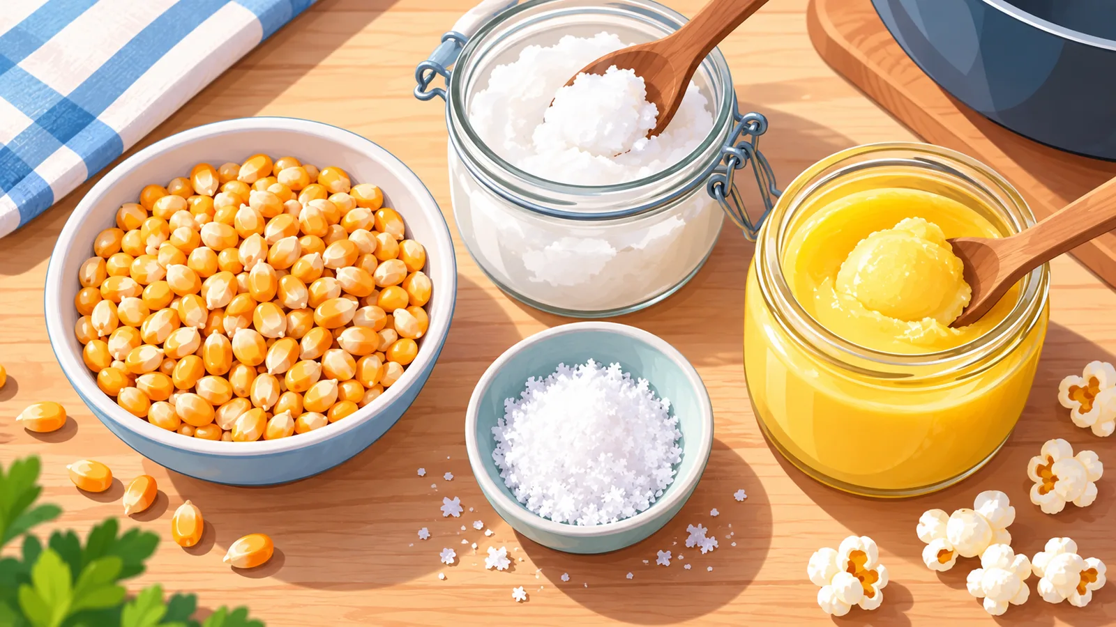 Ingrediënten voor popcorn: kernels, kokosolie, ghee en fijn zout