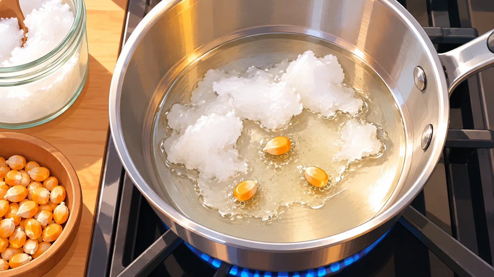 Kokosolie smelt in een pan met drie popcornkernels