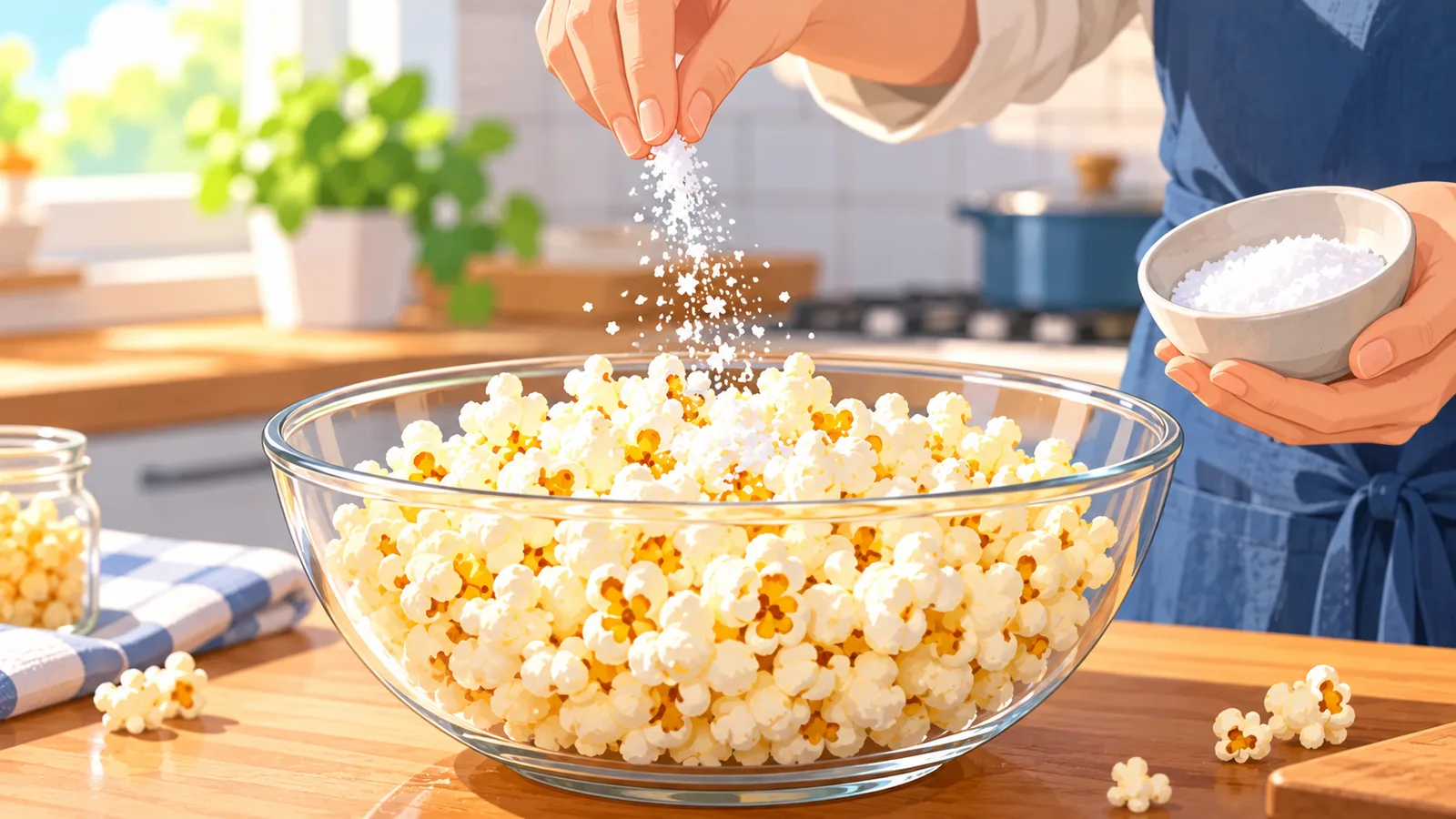 Fijn zout wordt over verse popcorn in een kom gestrooid