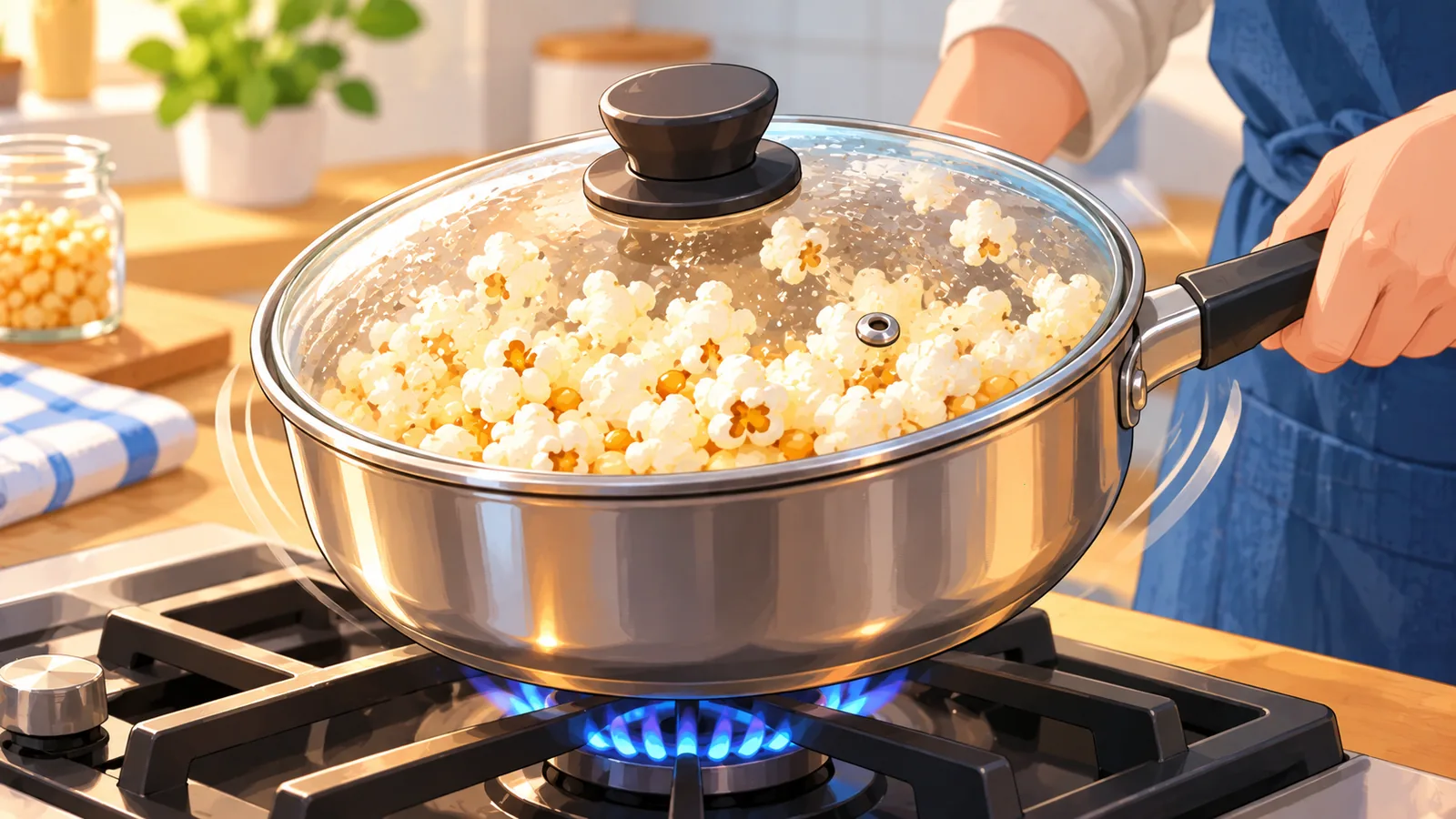 Popcorn knalt onder een glazen deksel in een pan op het fornuis