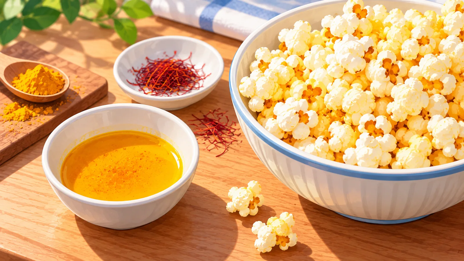 Kurkuma en saffraan naast een kom popcorn voor een gele kleur